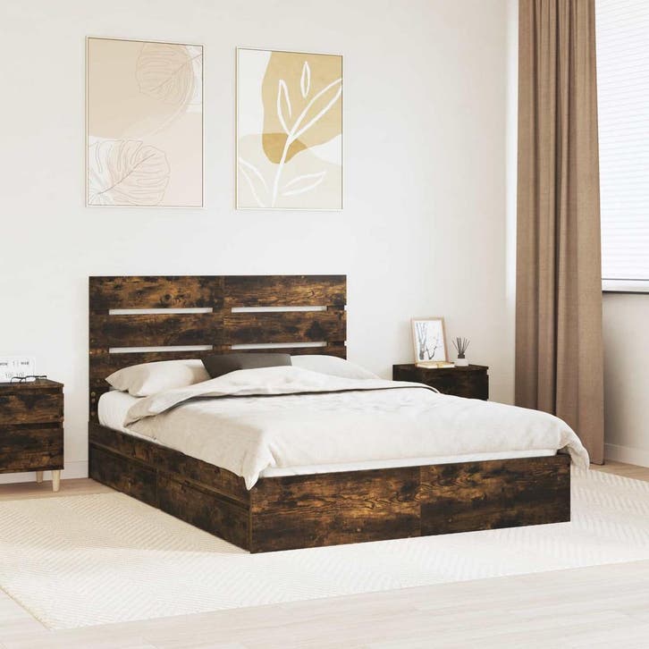 vidaXL Opslag bed met lade Gerookt eiken 160 x 200 cm, Huis en Inrichting, Slaapkamer | Bedden, Bruin, Nieuw, Hout, Verzenden