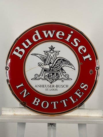 BUDWEISER - Emaille bord - Ø50 cm - Gemaakt van een dikke, Antiek en Kunst, Antiek | Wandborden en Tegels
