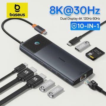 Baseus 10-in-1 USB-C Hub: 8K/4K Dual HDMI, 10Gbps, RJ45, PD, Verzenden, Nieuw