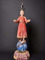 Beeld, lEnfant Jésus Roi du Monde - 49 cm - Polychroom hout, Antiek en Kunst