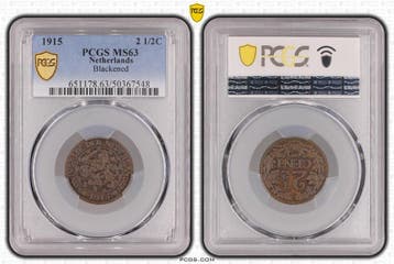Koningin Wilhelmina 2 1/2 cent 1915 MS63 Blackened PCGS, Verzenden, Koningin Wilhelmina, Losse munt
