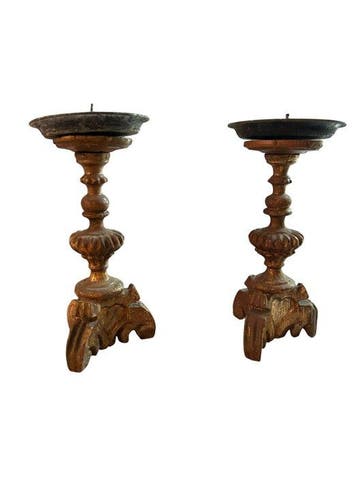 Kaarsenhouder (2) - Hout, Metaal - Gouden houten kandelaars