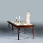Praktische chique lange noten eetkamertafel of werktafel met, Antiek en Kunst, Ophalen of Verzenden