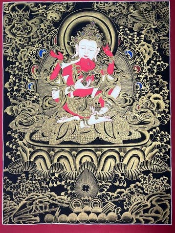 Vajrasattva in vereniging - Zwart Goud Thangka - Katoen -