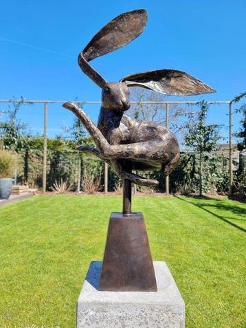 sculptuur, Jumping Hare XL - 80 cm - Brons, Antiek en Kunst