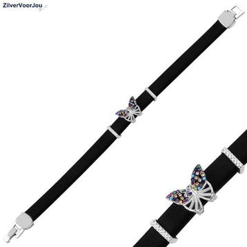 Zilveren zwart leren vlinder cz armband, Sieraden, Tassen en Uiterlijk, Verzenden, Nieuw, Zilver
