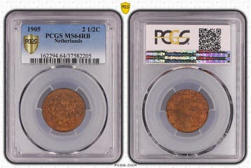 Koningin Wilhelmina 2 1/2 cent 1905 MS64 RB PCGS, Verzenden, Koningin Wilhelmina, Losse munt