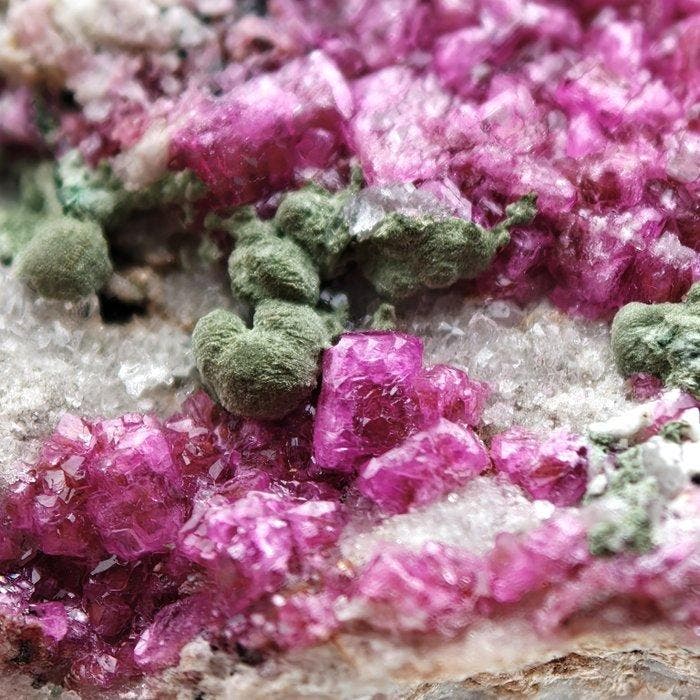 Zeer zeldzame kolweziet groen op kobalto-calciet fuchsia, Verzamelen, Mineralen en Fossielen