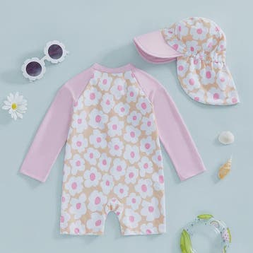 Meisjes Zwempak Lange Mouwen met Zonnehoed - Bloemenprint, Verzenden, Nieuw