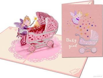 Geboortekaart | Roze wiegje met lieve fee voor goede wens..., Verzenden, Nieuw