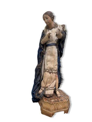 sculptuur, Antica madonna - 35 cm - Aardewerk, Glas, Hout -, Antiek en Kunst