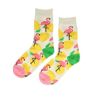 Sokken katoen - flamingo print - geel wit roze - maat 36-43, Nieuw