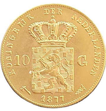 Gouden 10 gulden Willem III 1877, Koning Willem III, Verzenden, Goud, Losse munt