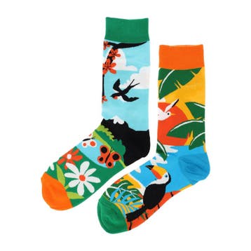 Sokken Katoen - Vogel Bloemen Jungle Print - Groen Blauw, Nieuw