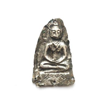 Oud-Siamese Zilver Zittende Boeddha op Troon – votieve, Antiek en Kunst