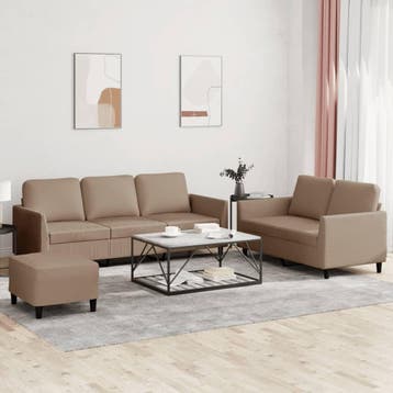 vidaXL 3-delige Loungeset met kussens kunstleer cappuccino, Verzenden, Nieuw, Leer, Minder dan 150 cm