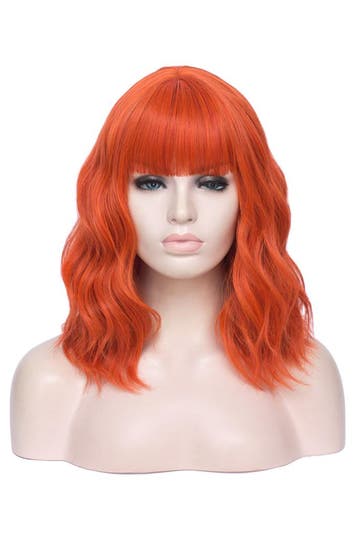 KIMU® Luxe Oranje Pruik Schouderlengte Rechte Pony Krullen R, Ophalen of Verzenden, Nieuw, Carnaval