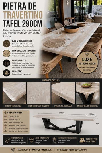 Design PIETRA DE TRAVERTINO TAFEL 290CM, Tuin en Terras, Tuintafels, Nieuw