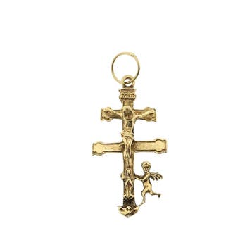 Gouden hanger van een kruis met corpus en engel, Ophalen of Verzenden, Gebruikt, Goud, Overige merken