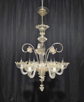Kroonluchter - Goud met krullen - Muranoglas - 6 lampen