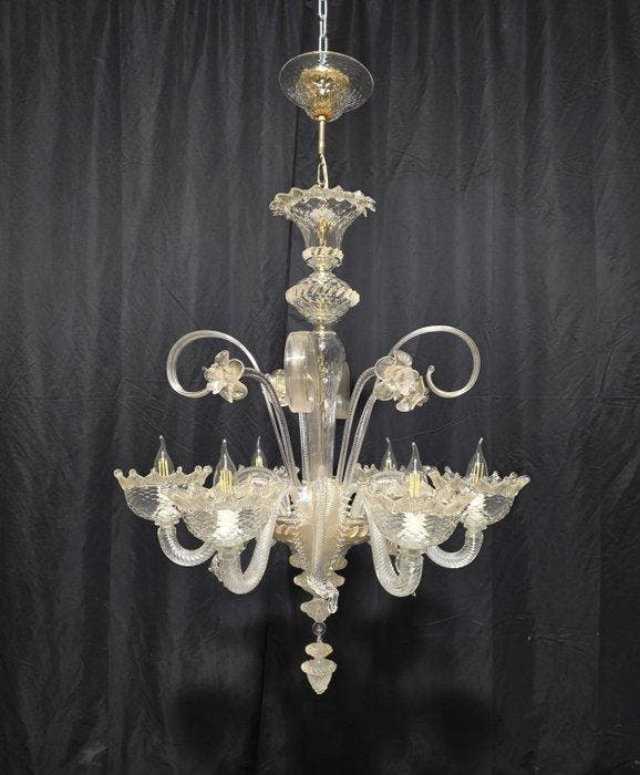 Kroonluchter - Goud met krullen - Muranoglas - 6 lampen, Antiek en Kunst, Antiek | Lampen