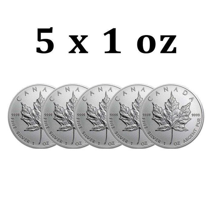 Canada. 5 Dollars 5 x 1 oz $5 CAD Canadian Silver Maple Leaf, Postzegels en Munten, Edelmetalen en Baren