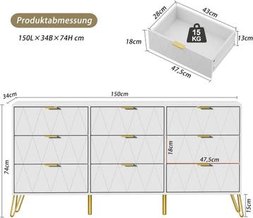 Commode - Dressoir - Ladekast - 150x34x74 cm - Wit - UEV, Verzenden, Zo goed als nieuw