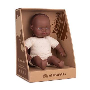 Miniland babypop Afrikaans 32cm edu van €34,99 voor €17,50, Ophalen of Verzenden, Nieuw