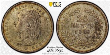 Koningin Wilhelmina 25 cent 1896 MS62 gecertificeerd PCGS, Verzenden, Zilver, 25 cent, Koningin Wilhelmina