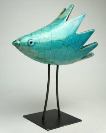 Urszula Despet - sculptuur, Blue Raku Bird - 21 cm -