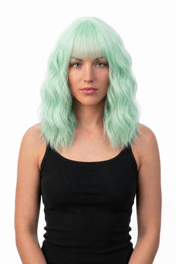 KIMU® Luxe Mint Groen Pruik Schouderlengte Rechte Pony Krull, Kleding | Dames, Carnavalskleding en Feestkleding, Ophalen of Verzenden