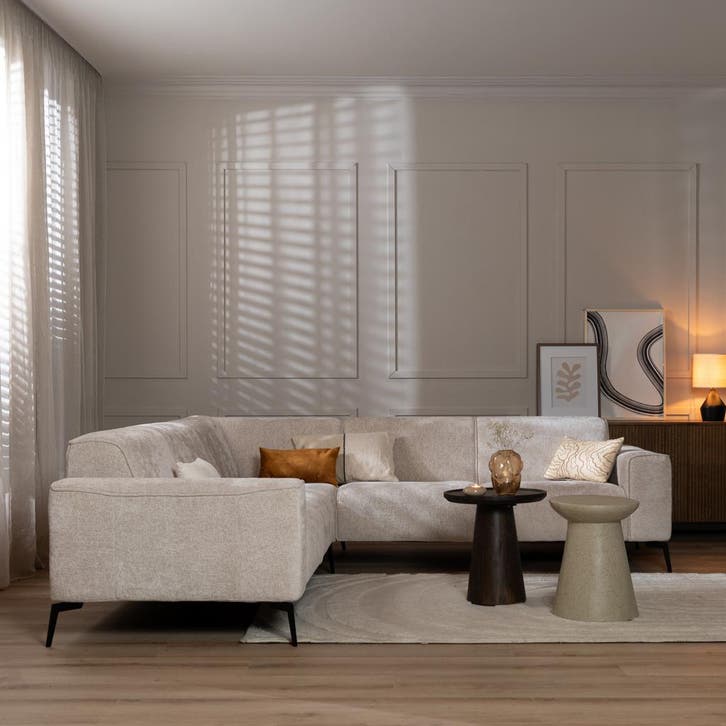 50% Korting: Hoekbank Vegas stof chenille wit/beige, Huis en Inrichting, Banken | Bankstellen, Zo goed als nieuw, Stof, Ophalen