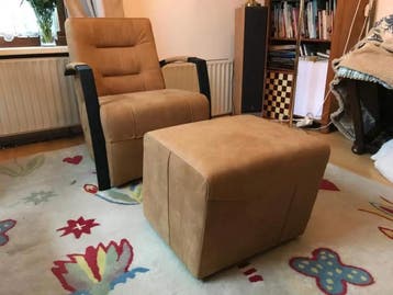 Fauteuil met stalen frame - met hocker - bruin leer, Ophalen of Verzenden, Nieuw, Leer