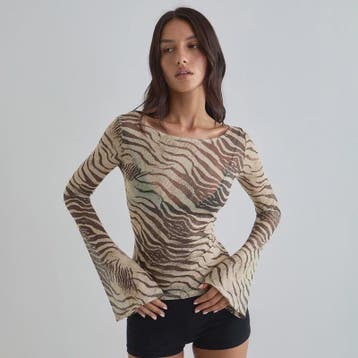 Dames Mesh Shirt met Zebra & Luipaardprint - Off-Shoulder La