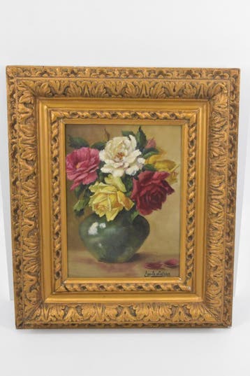 Klassiek Bloemstilleven met Rozen in Groene Vaas – Emil..., Bloemen, Ingelijst, Doek, Ophalen of Verzenden
