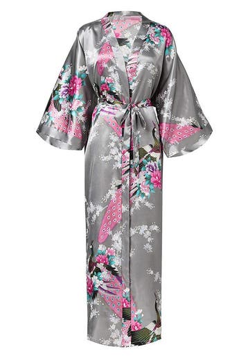 KIMU® Kimono Grijs 7/8e XS-S Yukata Satijn Boven dekel Lange, Ophalen of Verzenden, Nieuw, Maat 34 (XS) of kleiner, Carnaval