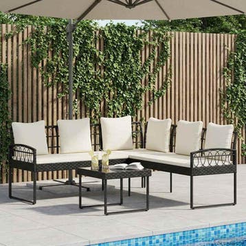 vidaXL Tuinbankenset 2 st Zwart en Crème Poly Rattan Staal, Tuin en Terras, Verzenden, Nieuw, Rvs, 2 zitplaatsen
