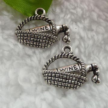 4 x Antiek zilveren bedeltje van een mandje met wijn (Nik..., Ophalen of Verzenden, Nieuw, Bedel
