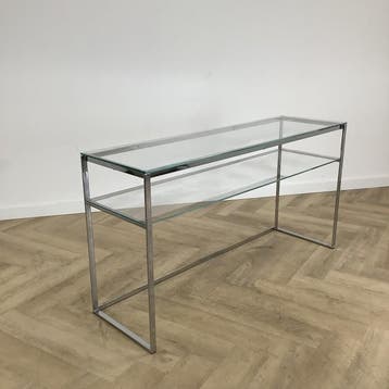 Glazen design sidetable, (hxbxd) 79x148x44 cm, glas - chroom, Huis en Inrichting, Ophalen of Verzenden, Gebruikt