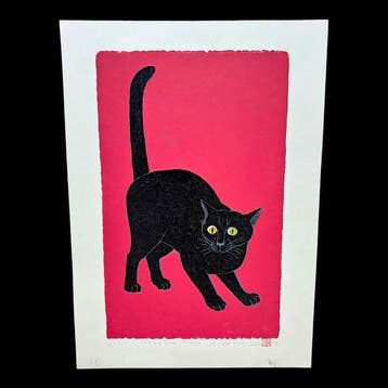 Kattenreeks “Action (2)” - houtsnede - Nishida Tadashige