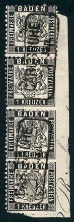 Baden 1862 - gestempelde, zeldzame, verticale strook van, Gestempeld