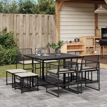 vidaXL 9-delige Tuinset poly rattan zwart, Verzenden, Nieuw, 8 zitplaatsen, Tuinset