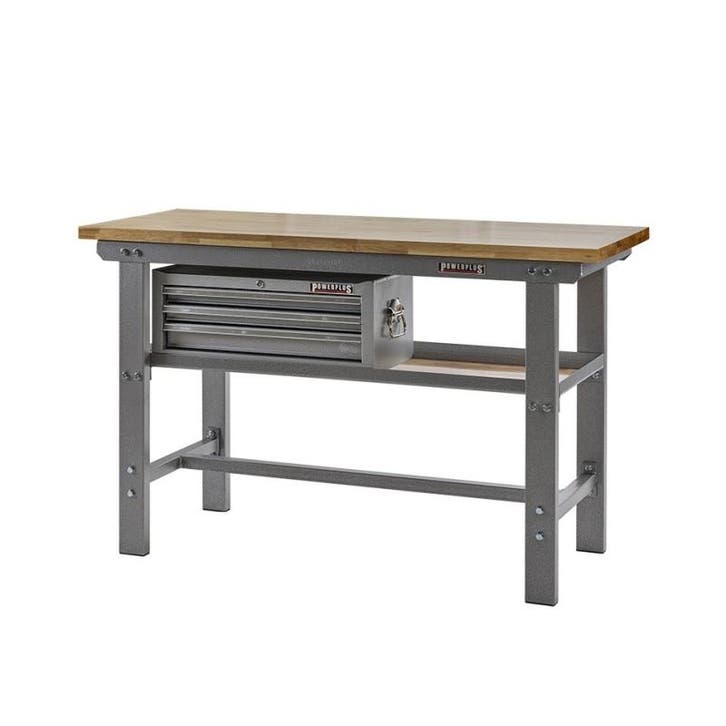 Werkbank grijs 150 cm met hardhouten blad en, Doe-het-zelf en Verbouw, Werkbanken, Ophalen of Verzenden