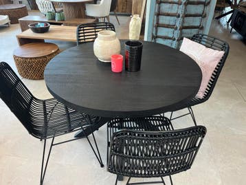 Nieuwe ronde eettafel zwart mangohout matrixpoot metaal 175, Overige houtsoorten, Verzenden, Rond, Nieuw