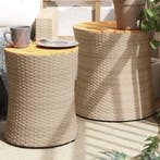 Tuinbijzettafels 2 st met houten blad poly rattan beige, Verzenden, Nieuw