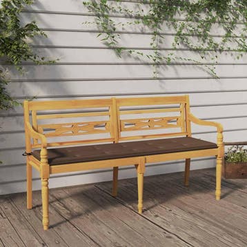 vidaXL Bankje Batavia met taupe kussen 150 cm massief, Tuin en Terras, Tuinbanken, Verzenden, Nieuw, Teakhout