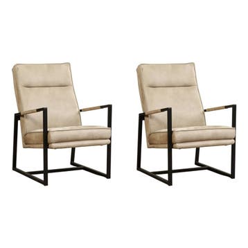 Set van 2 Leren fauteuils Square - Kenia Taupe, Nieuw, Ophalen of Verzenden, 50 tot 75 cm, Leer