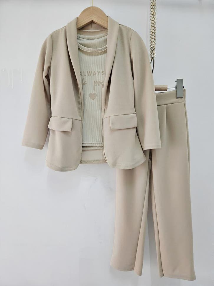 Blazer- en broekset voor meisjes met T-shirt Beige 3-delig, Kinderen en Baby's, Kinderkleding | Overige, Meisje, Nieuw, Ophalen of Verzenden