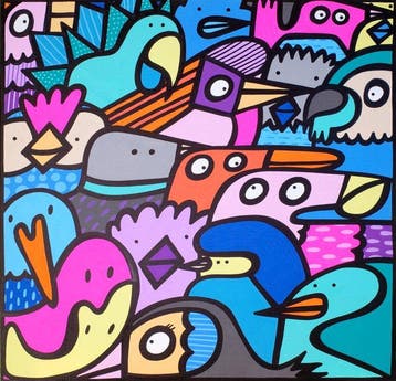 Kev Munday - Birdie Bunch, Antiek en Kunst, Kunst | Schilderijen | Modern