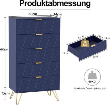 Commode - Dressoir - Ladekast - 60x34x110 cm - Donkerblauw -, Huis en Inrichting, Kasten | Dressoirs, Verzenden, Zo goed als nieuw
